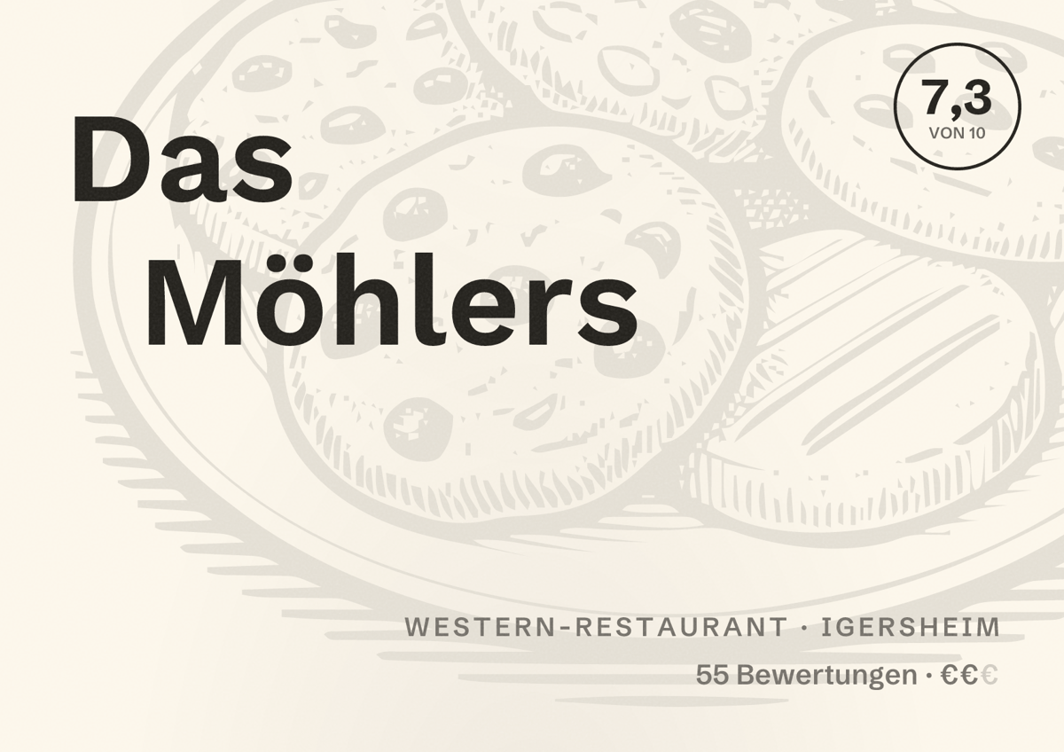 Illustriertes Poster von Das Möhlers, Western-Restaurant in Igersheim: Bewertung 7,3 von 10 aus 55 Bewertungen, Preisniveau €€