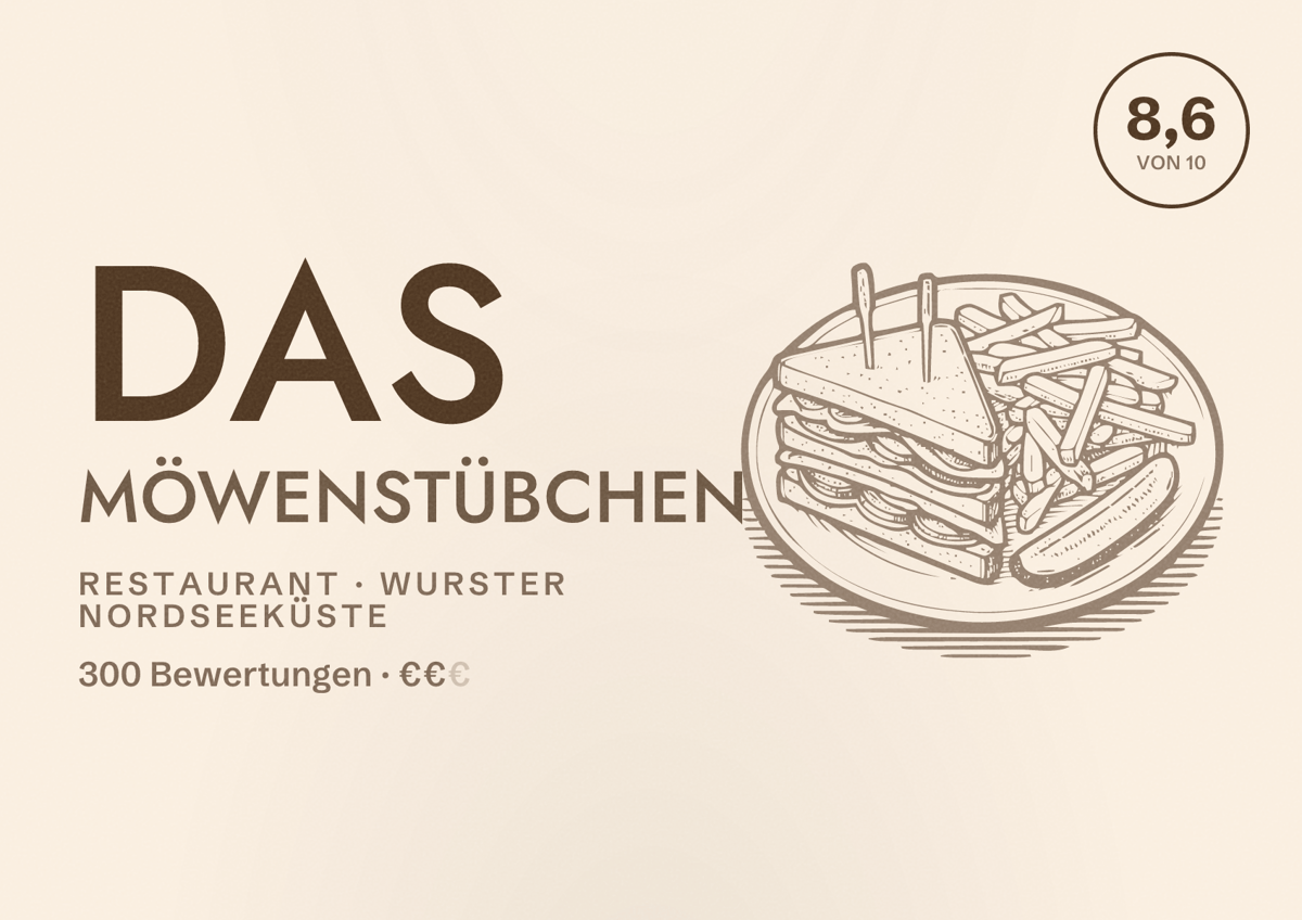 Illustriertes Poster von Das Möwenstübchen, Restaurant in Wurster Nordseeküste: Bewertung 8,6 von 10 aus 300 Bewertungen, Preisniveau €€