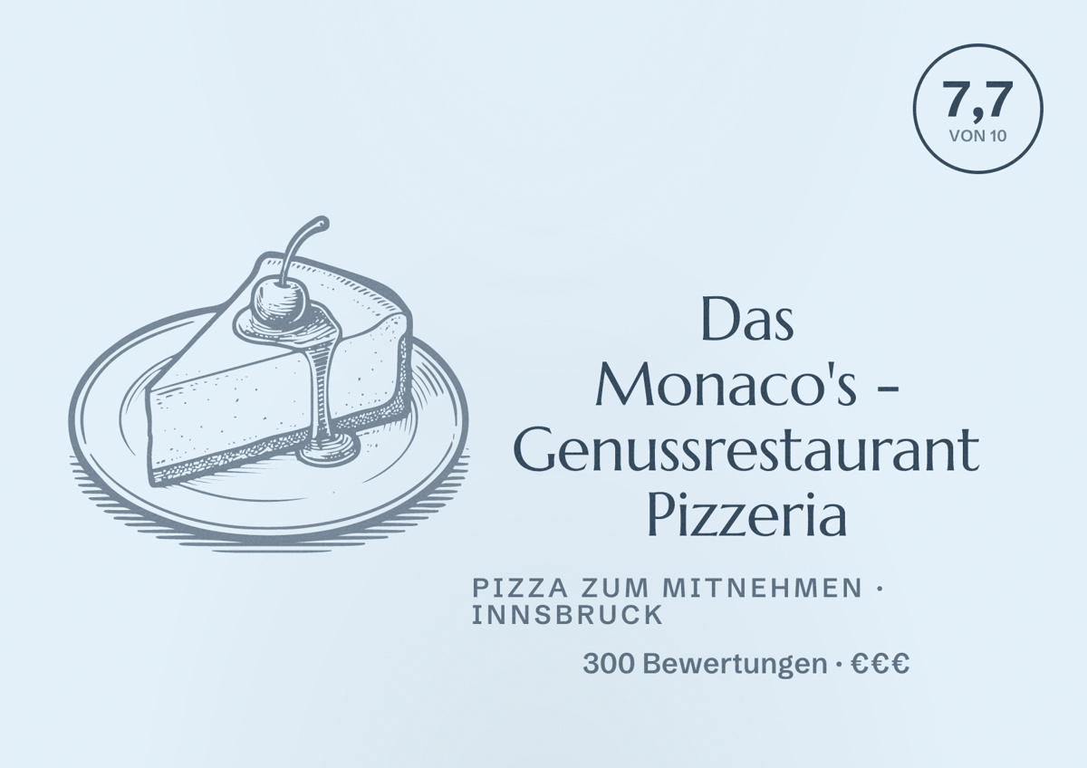 Illustriertes Poster von Das Monaco's - Genussrestaurant Pizzeria, Pizza zum Mitnehmen in Innsbruck: Bewertung 7,7 von 10 aus 300 Bewertungen, Preisniveau €€€