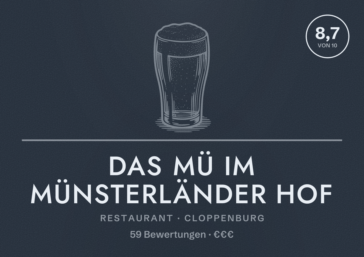 Illustriertes Poster von Das MÜ im Münsterländer Hof, Restaurant in Cloppenburg: Bewertung 8,7 von 10 aus 59 Bewertungen, Preisniveau €€€