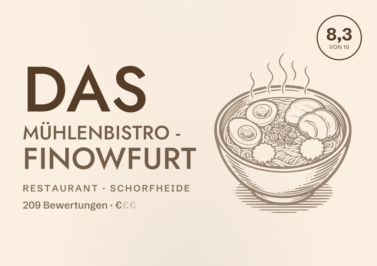 Illustriertes Poster von Das Mühlenbistro - Finowfurt, Restaurant in Schorfheide: Bewertung 8,3 von 10 aus 209 Bewertungen, Preisniveau €