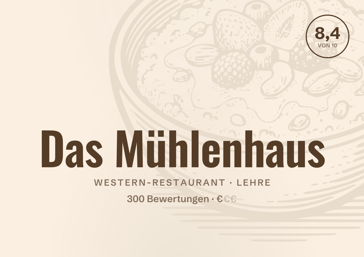 Illustriertes Poster von Das Mühlenhaus, Western-Restaurant in Lehre: Bewertung 8,4 von 10 aus 300 Bewertungen, Preisniveau €