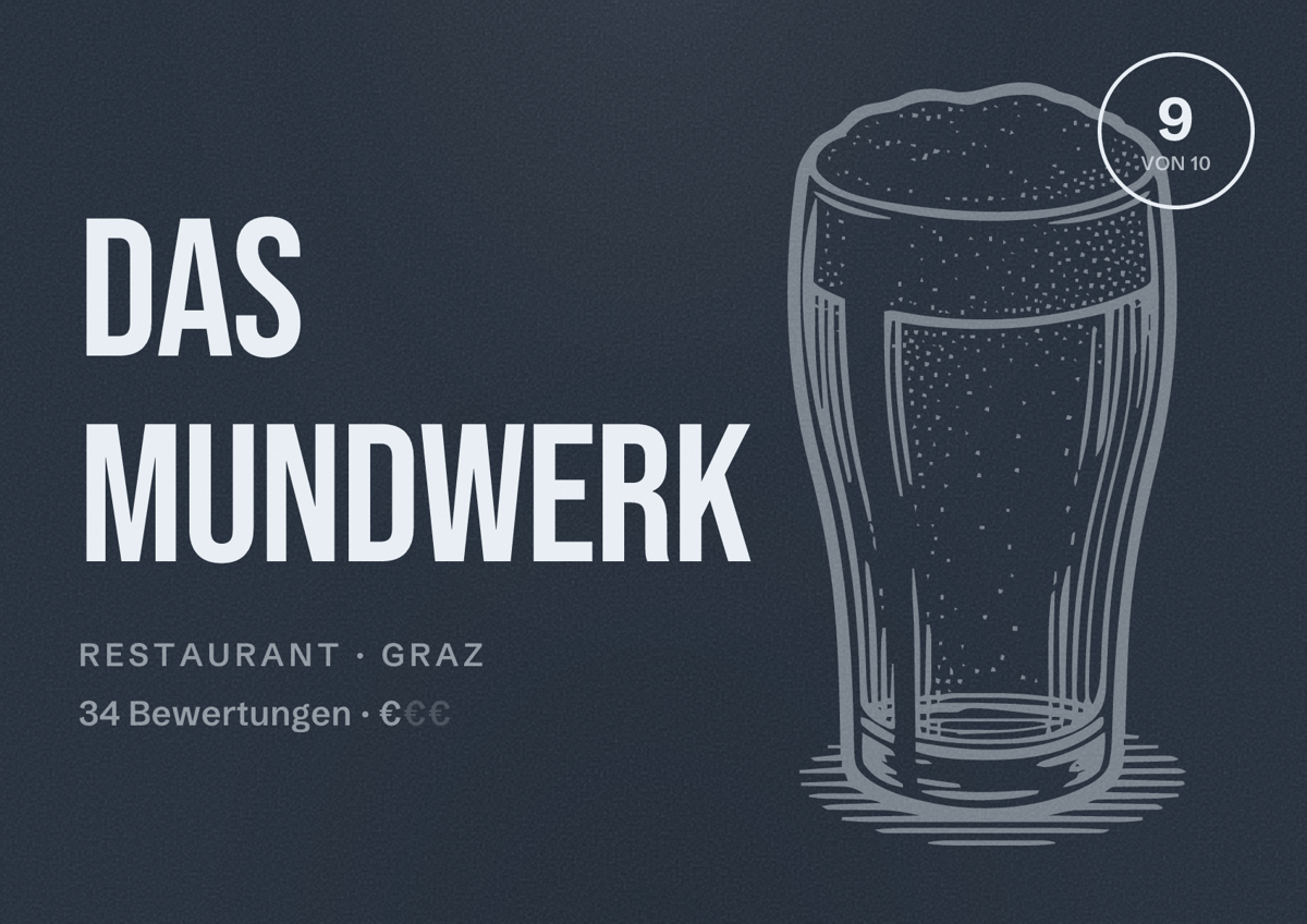 Illustriertes Poster von Das Mundwerk, Restaurant in Graz: Bewertung 9 von 10 aus 34 Bewertungen, Preisniveau €