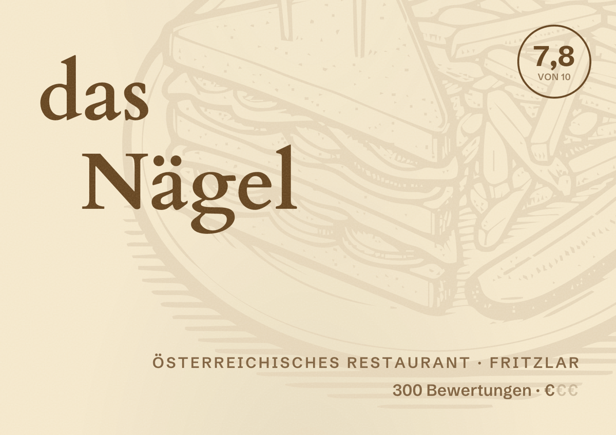Illustriertes Poster von das Nägel, Österreichisches Restaurant in Fritzlar: Bewertung 7,8 von 10 aus 300 Bewertungen, Preisniveau €