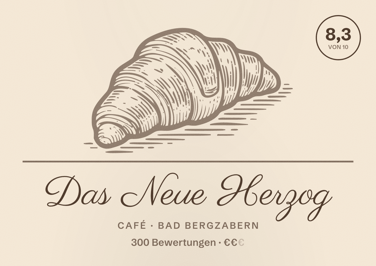 Illustriertes Poster von Das Neue Herzog, Café in Bad Bergzabern: Bewertung 8,3 von 10 aus 300 Bewertungen, Preisniveau €€