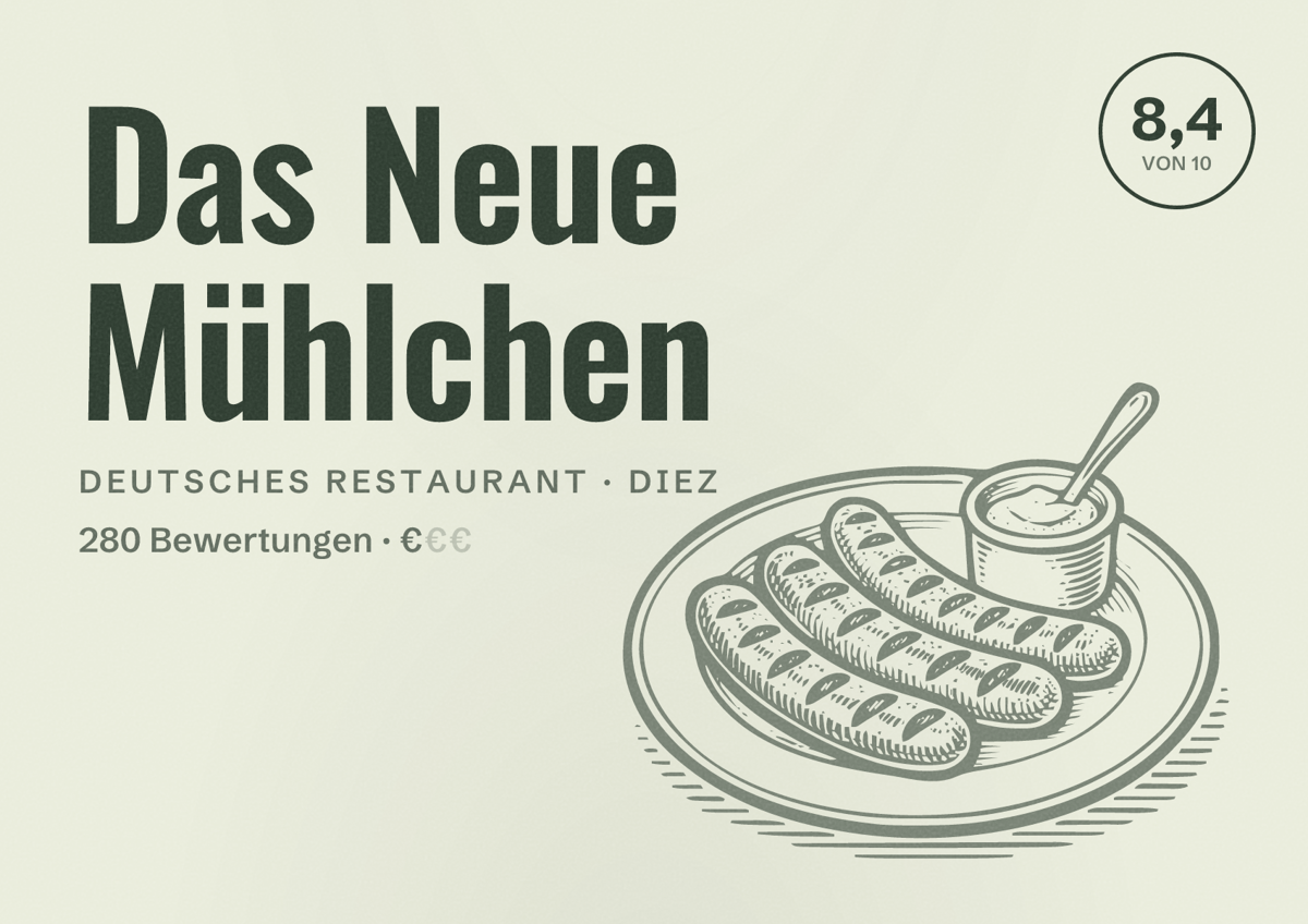 Illustriertes Poster von Das Neue Mühlchen, Deutsches Restaurant in Diez: Bewertung 8,4 von 10 aus 280 Bewertungen, Preisniveau €
