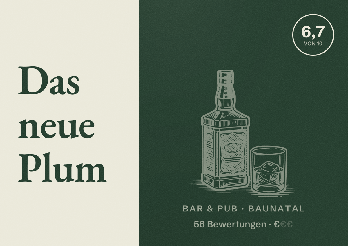 Illustriertes Poster von Das neue Plum, Bar & Pub in Baunatal: Bewertung 6,7 von 10 aus 56 Bewertungen, Preisniveau €