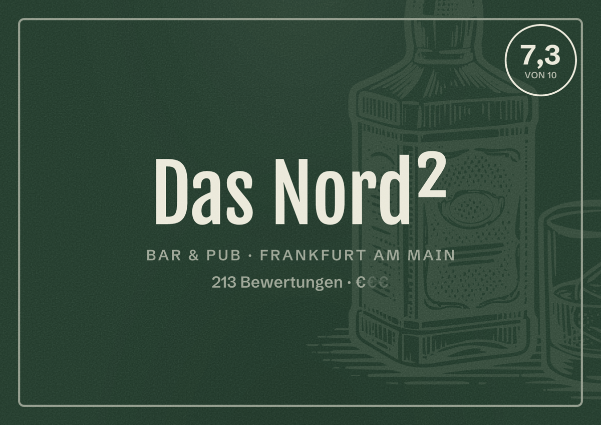 Illustriertes Poster von Das Nord², Bar & Pub in Frankfurt am Main: Bewertung 7,3 von 10 aus 213 Bewertungen, Preisniveau €