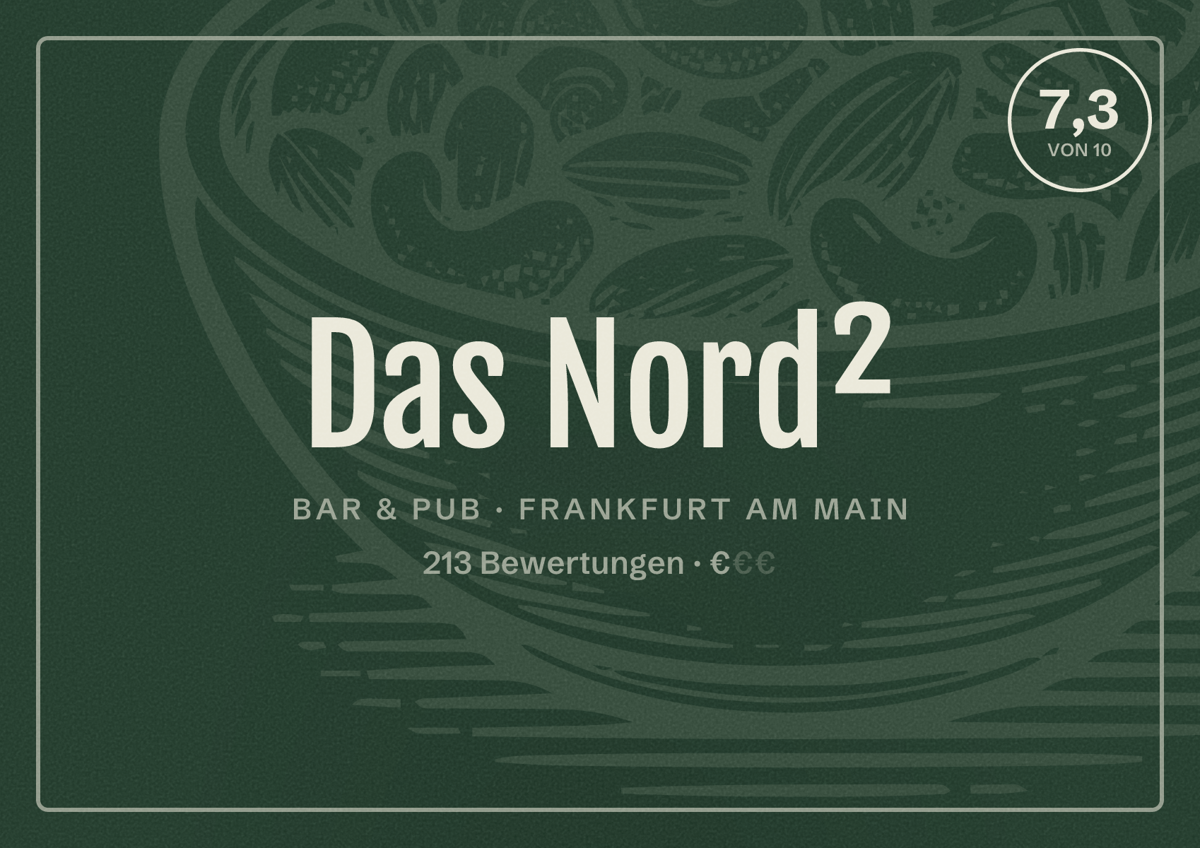 Illustriertes Poster von Das Nord², Bar & Pub in Frankfurt am Main: Bewertung 7,3 von 10 aus 213 Bewertungen, Preisniveau €