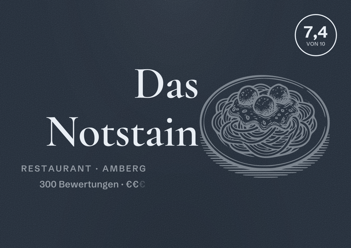 Illustriertes Poster von Das Notstain, Restaurant in Amberg: Bewertung 7,4 von 10 aus 300 Bewertungen, Preisniveau €€