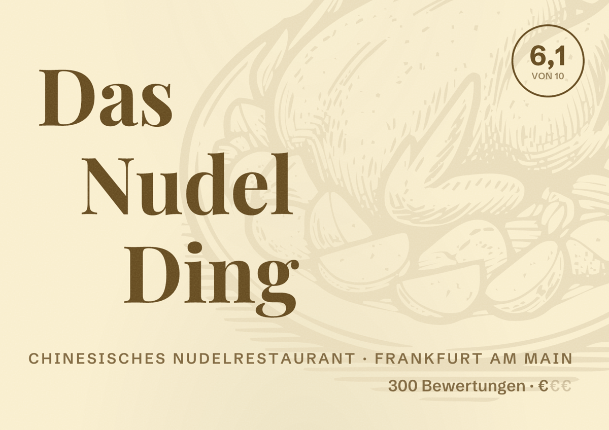 Illustriertes Poster von Das Nudel Ding, Chinesisches Nudelrestaurant in Frankfurt am Main: Bewertung 6,1 von 10 aus 300 Bewertungen, Preisniveau €