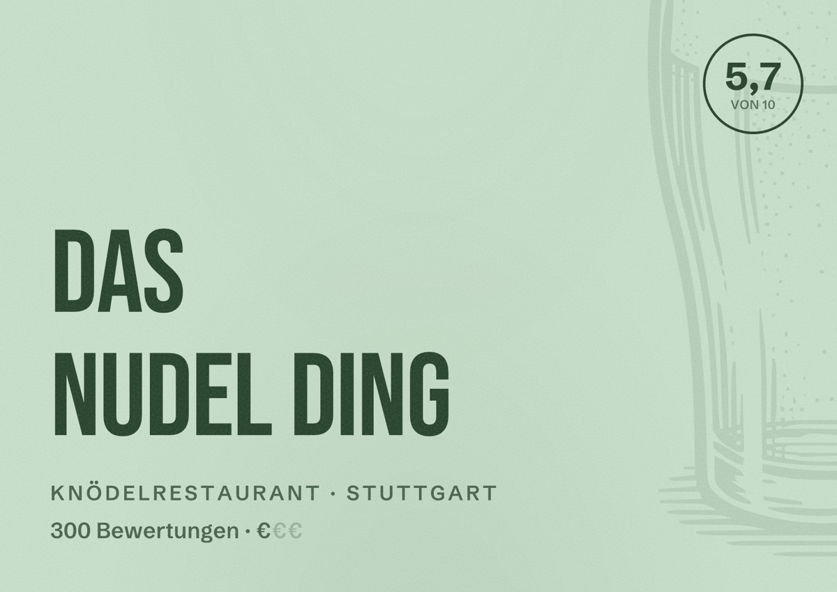 Illustriertes Poster von Das Nudel Ding, Knödelrestaurant in Stuttgart: Bewertung 5,7 von 10 aus 300 Bewertungen, Preisniveau €