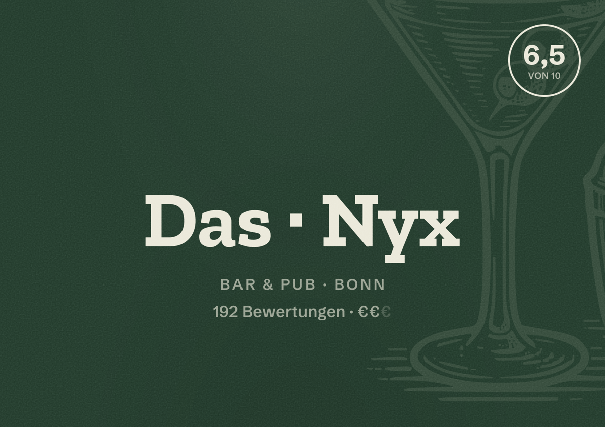 Illustriertes Poster von Das Nyx, Bar & Pub in Bonn: Bewertung 6,5 von 10 aus 126 Bewertungen, Preisniveau €