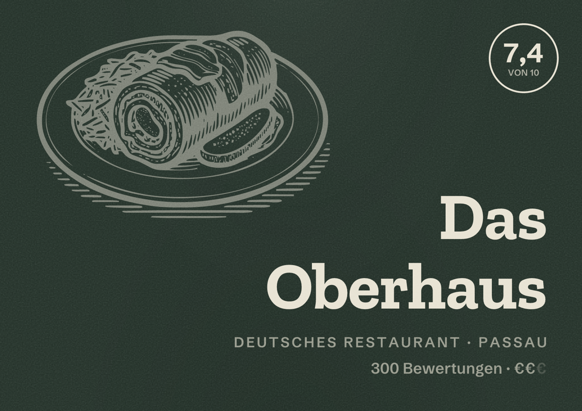 Illustriertes Poster von Das Oberhaus, Deutsches Restaurant in Passau: Bewertung 7,4 von 10 aus 300 Bewertungen, Preisniveau €€