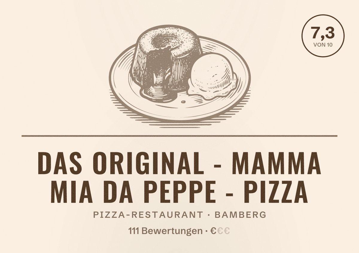 Illustriertes Poster von Das Original - Mamma Mia Da Peppe - Pizza, Pizza-Restaurant in Bamberg: Bewertung 7,3 von 10 aus 111 Bewertungen, Preisniveau €