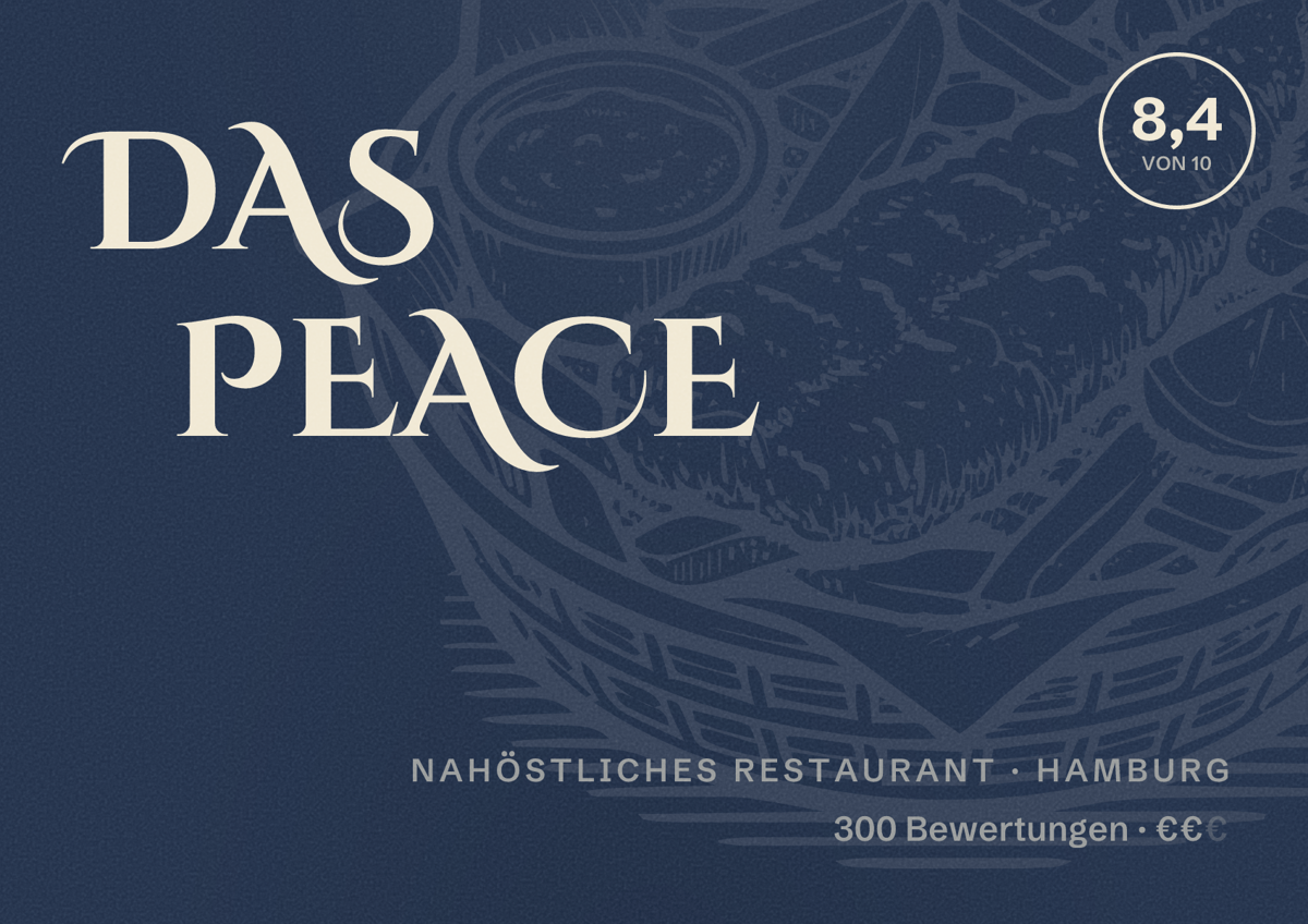 Illustriertes Poster von DAS PEACE, Nahöstliches Restaurant in Hamburg: Bewertung 8,4 von 10 aus 300 Bewertungen, Preisniveau €€