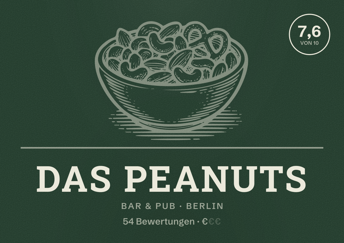 Illustriertes Poster von Das Peanuts, Bar & Pub in Berlin: Bewertung 7,6 von 10 aus 54 Bewertungen, Preisniveau €