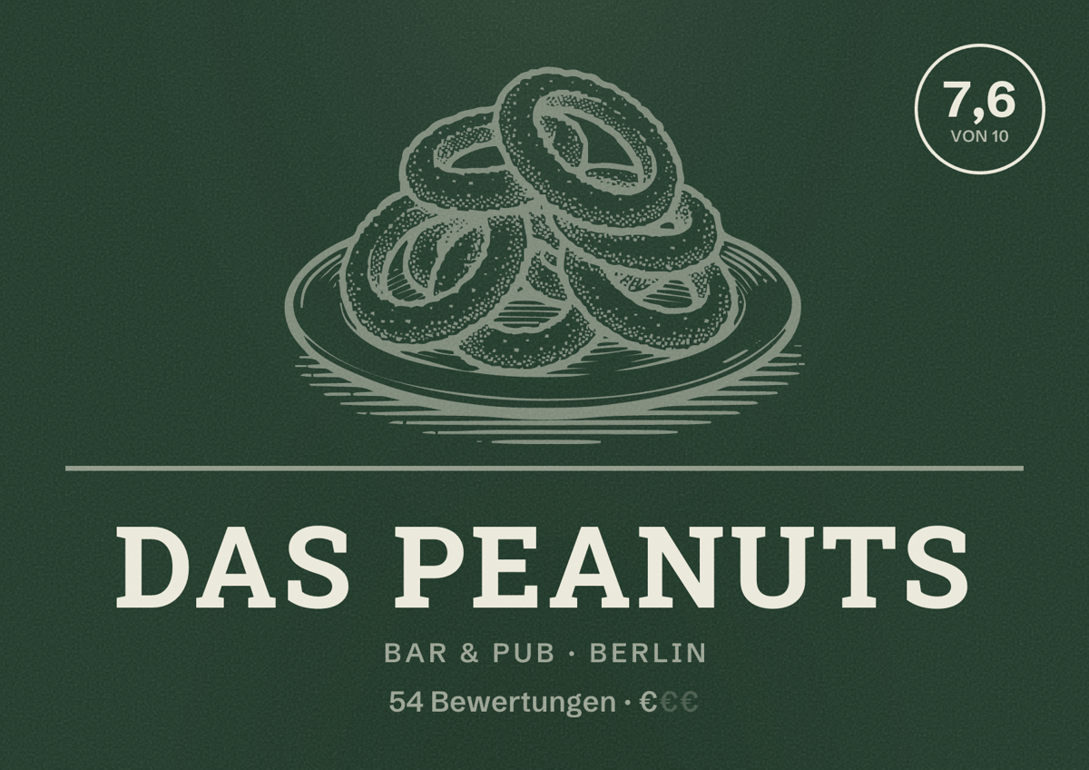 Illustriertes Poster von Das Peanuts, Bar & Pub in Berlin: Bewertung 7,6 von 10 aus 54 Bewertungen, Preisniveau €