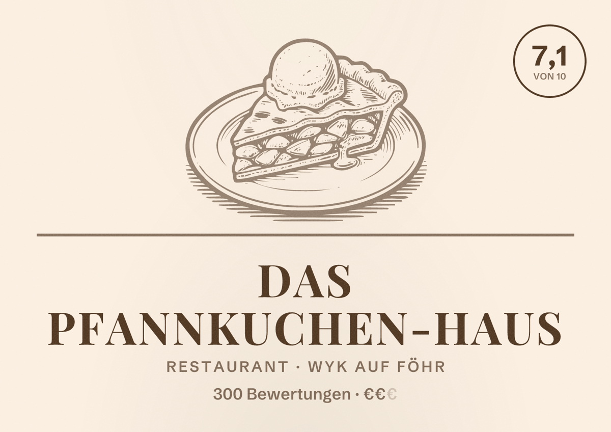 Illustriertes Poster von Das Pfannkuchen-Haus, Restaurant in Wyk auf Föhr: Bewertung 7,1 von 10 aus 300 Bewertungen, Preisniveau €€