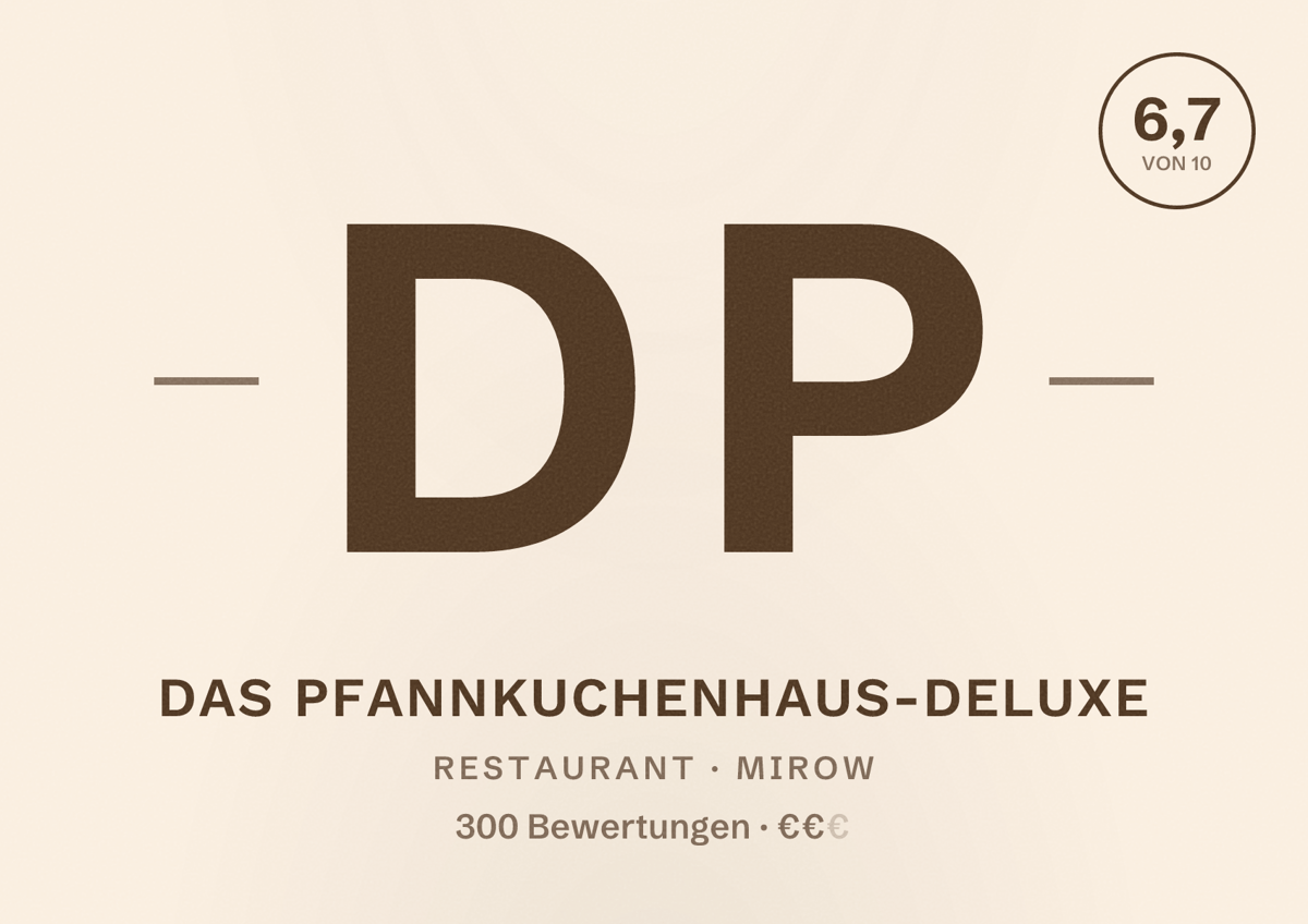 Illustriertes Poster von Das Pfannkuchenhaus-Deluxe, Restaurant in Mirow: Bewertung 6,7 von 10 aus 300 Bewertungen, Preisniveau €€