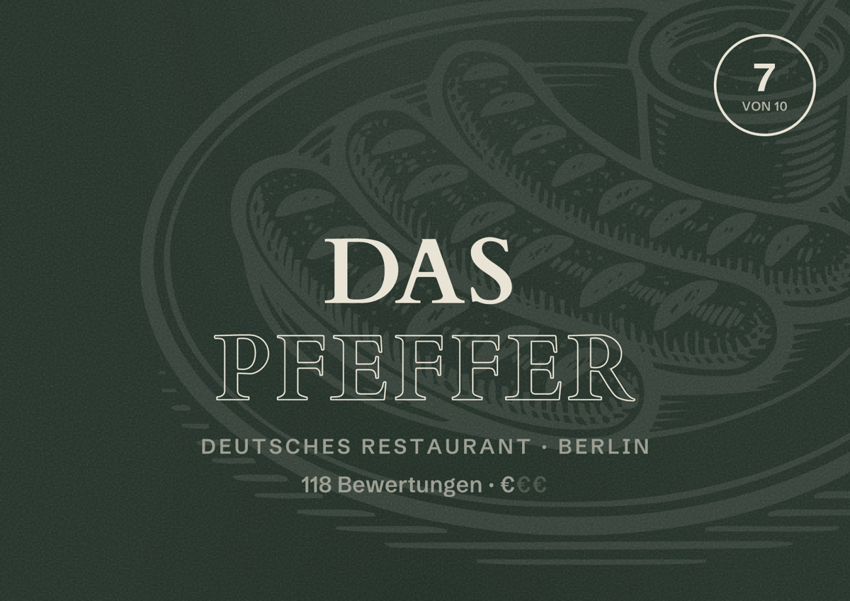 Illustriertes Poster von Das Pfeffer, Deutsches Restaurant in Berlin: Bewertung 7,0 von 10 aus 118 Bewertungen, Preisniveau €