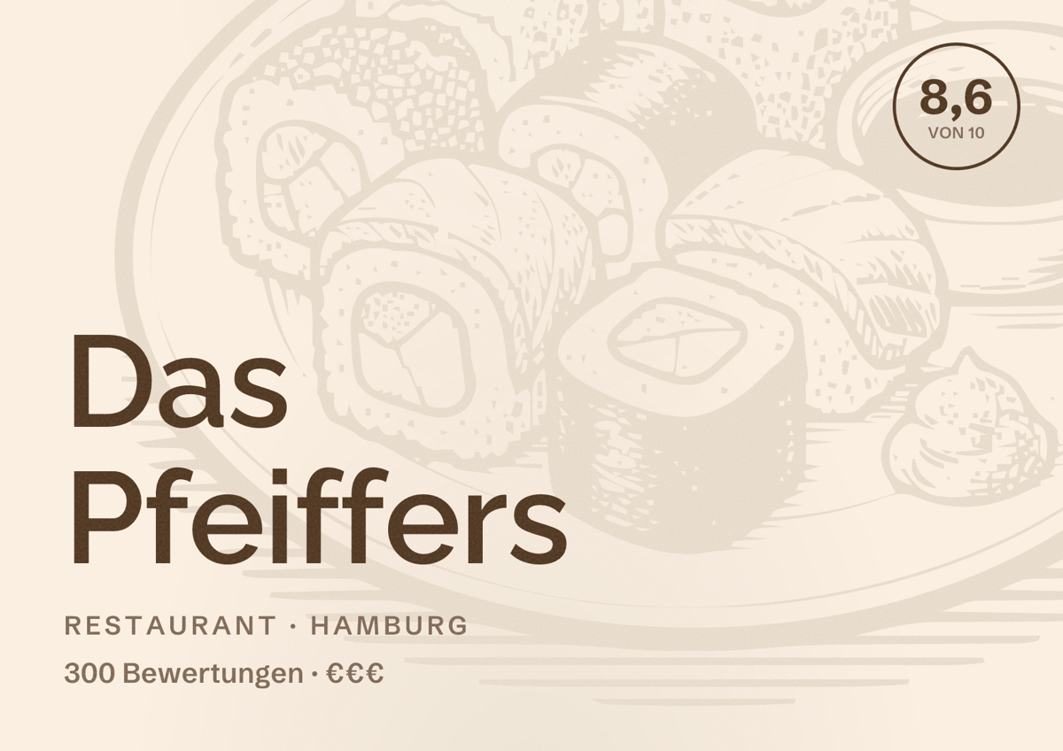 Illustriertes Poster von Das Pfeiffers, Restaurant in Hamburg: Bewertung 8,6 von 10 aus 300 Bewertungen, Preisniveau €€€