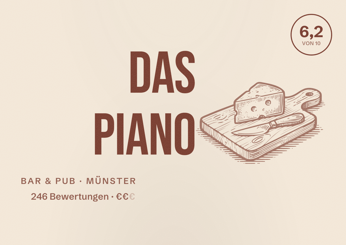 Illustriertes Poster von Das Piano, Bar & Pub in Münster: Bewertung 6,2 von 10 aus 246 Bewertungen, Preisniveau €€