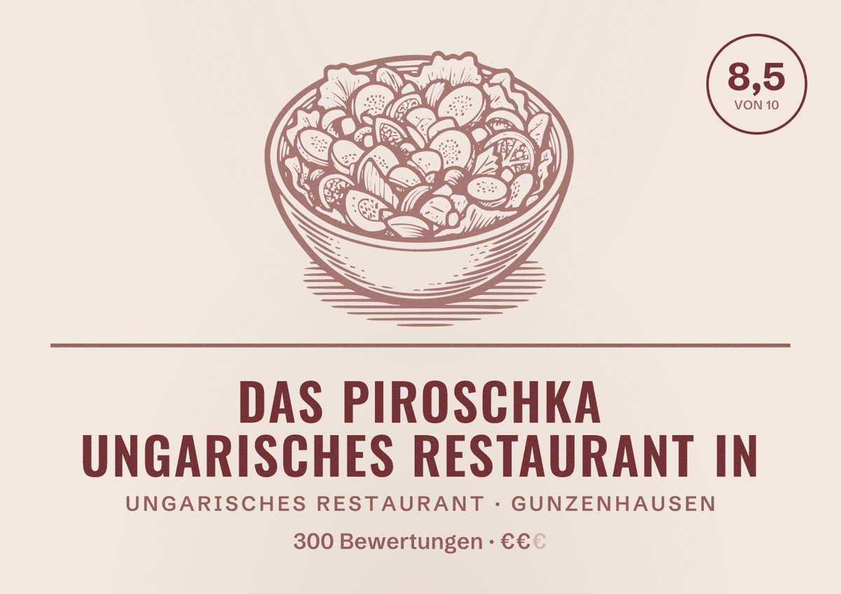 Illustriertes Poster von Das Piroschka Ungarisches Restaurant in, Ungarisches Restaurant in Gunzenhausen: Bewertung 8,5 von 10 aus 300 Bewertungen, Preisniveau €€