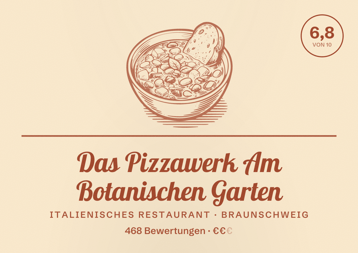 Illustriertes Poster von Das Pizzawerk Am Botanischen Garten, Italienisches Restaurant in Braunschweig: Bewertung 6,8 von 10 aus 468 Bewertungen, Preisniveau €€