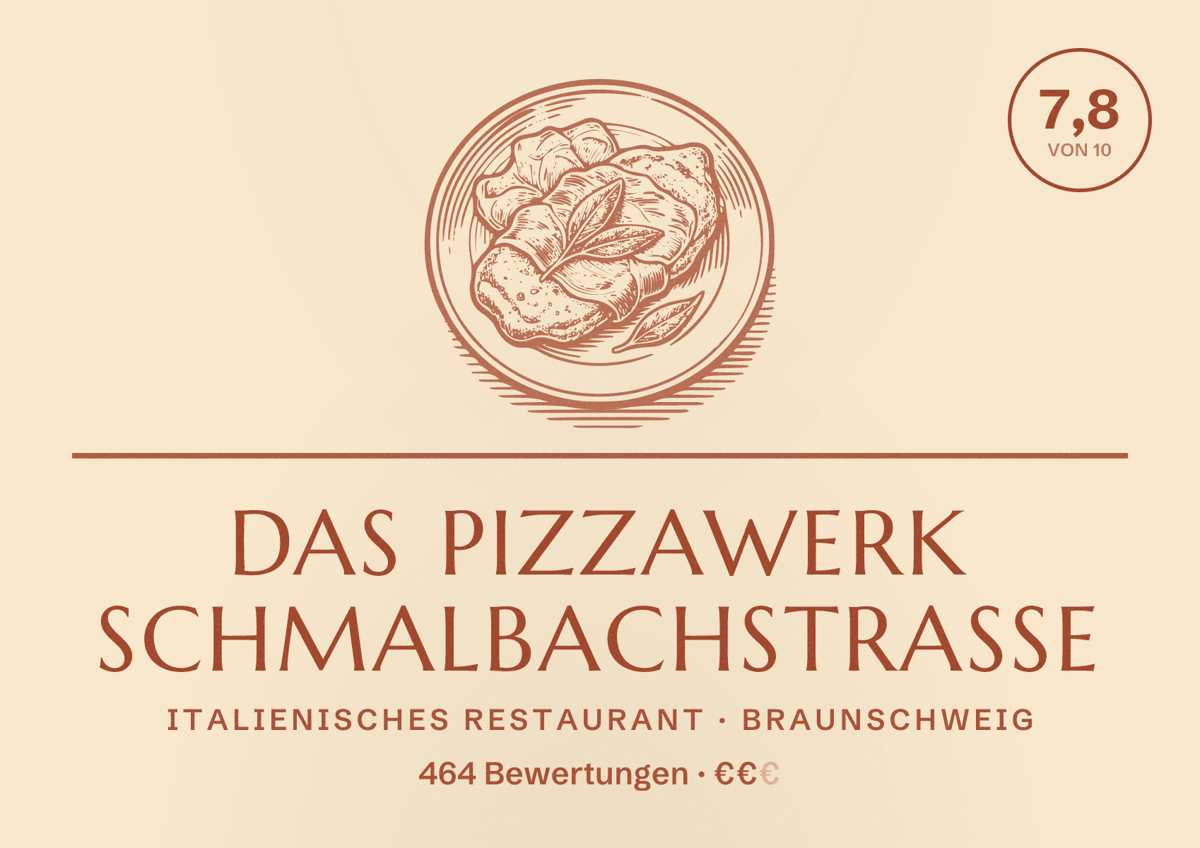 Illustriertes Poster von Das Pizzawerk Schmalbachstraße, Italienisches Restaurant in Braunschweig: Bewertung 7,8 von 10 aus 464 Bewertungen, Preisniveau €€