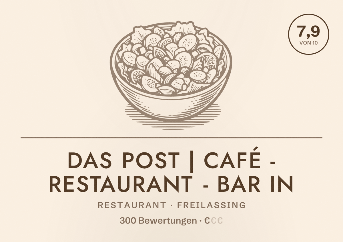 Illustriertes Poster von Das Post | Café - Restaurant - Bar in, Restaurant in Freilassing: Bewertung 7,9 von 10 aus 300 Bewertungen, Preisniveau €