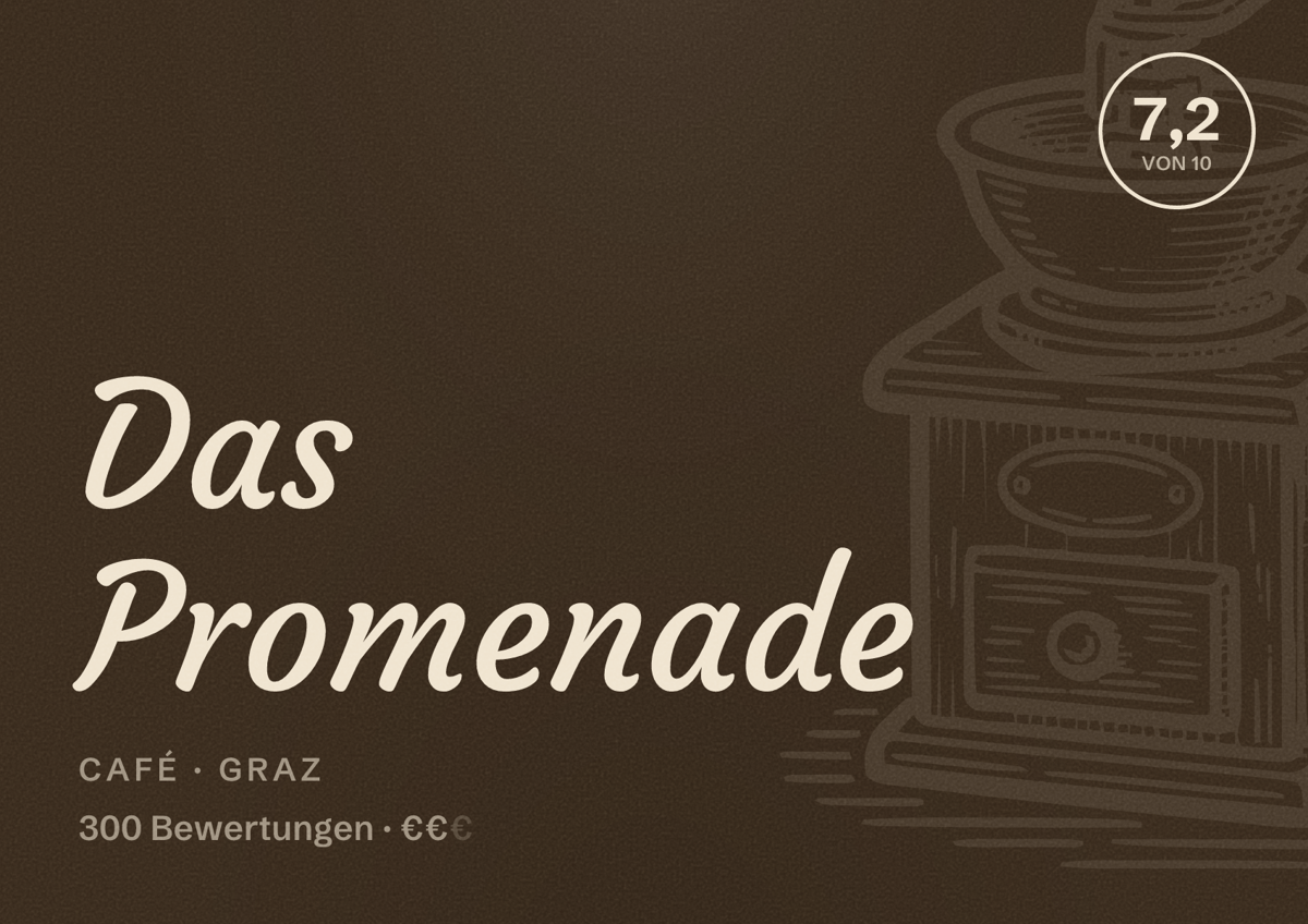 Illustriertes Poster von Das Promenade, Café in Graz: Bewertung 7,2 von 10 aus 300 Bewertungen, Preisniveau €€