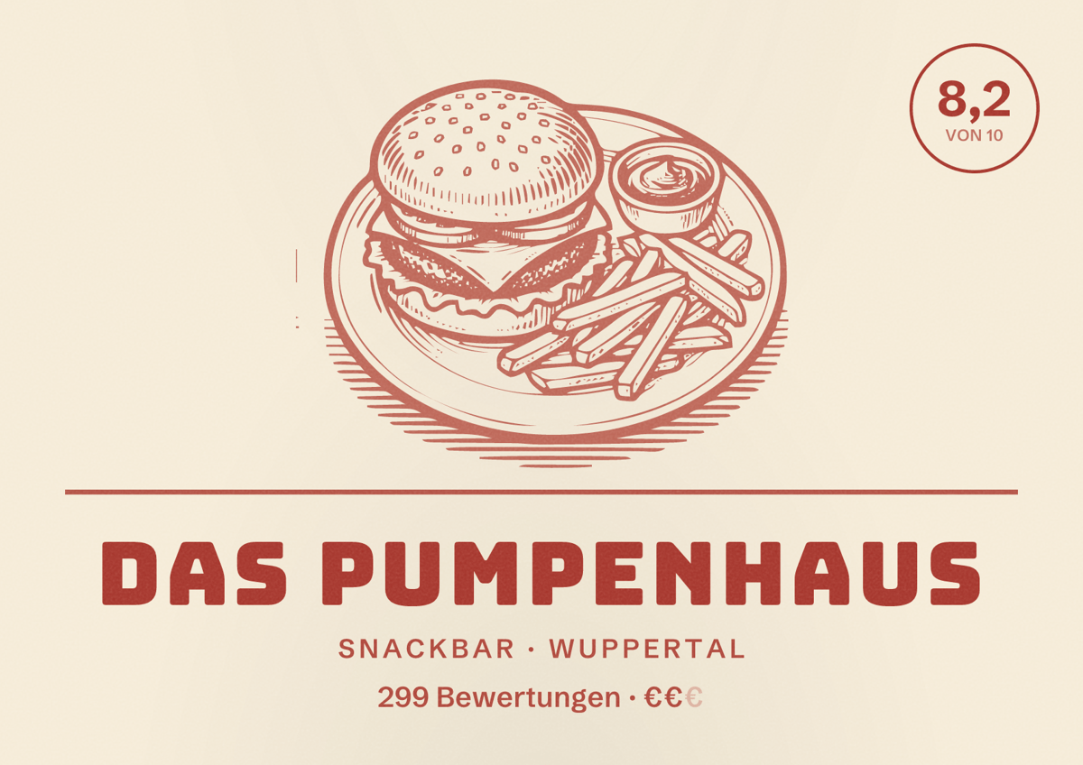 Illustriertes Poster von Das Pumpenhaus, Snackbar in Wuppertal: Bewertung 8,2 von 10 aus 299 Bewertungen, Preisniveau €€