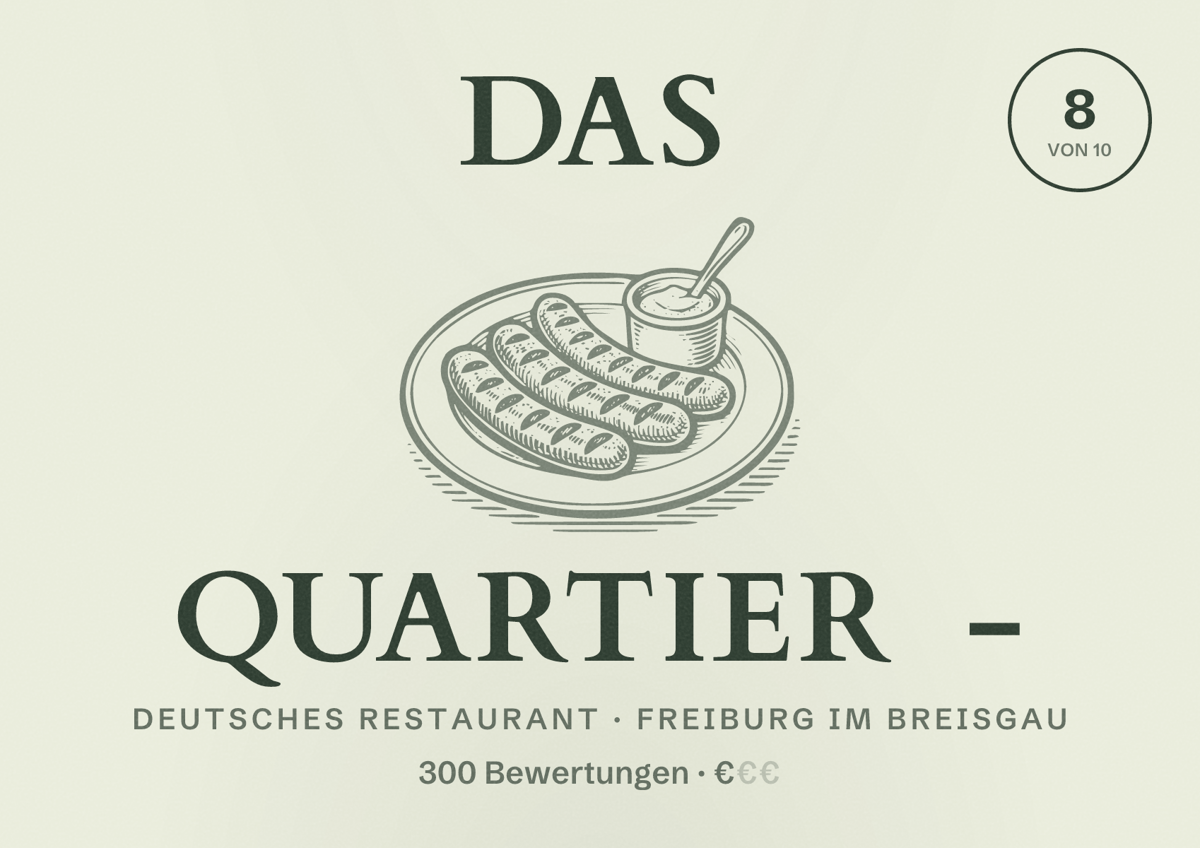 Illustriertes Poster von Das Quartier -, Deutsches Restaurant in Freiburg im Breisgau: Bewertung 8,0 von 10 aus 300 Bewertungen, Preisniveau €