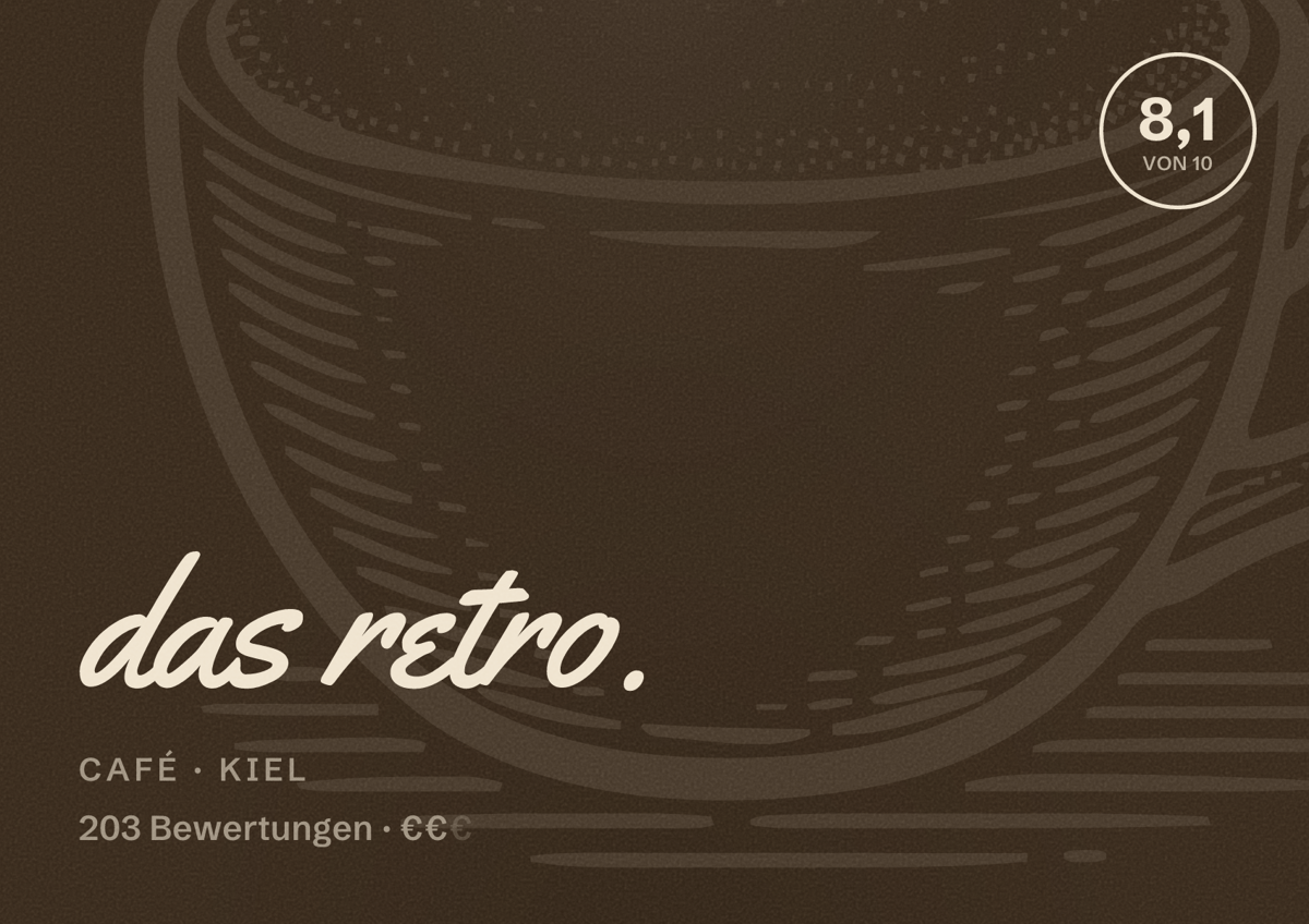Illustriertes Poster von das retro., Café in Kiel: Bewertung 8,1 von 10 aus 203 Bewertungen, Preisniveau €€