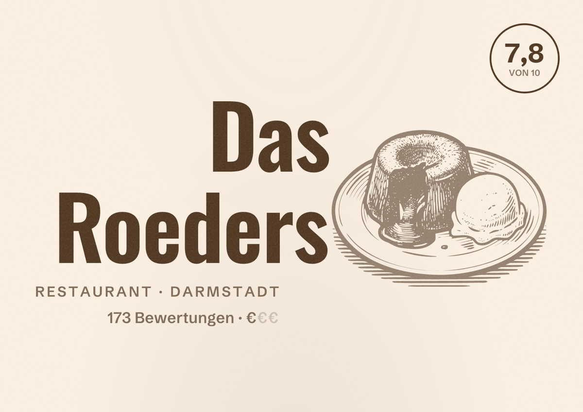 Illustriertes Poster von Das Roeders, Restaurant in Darmstadt: Bewertung 7,8 von 10 aus 173 Bewertungen, Preisniveau €