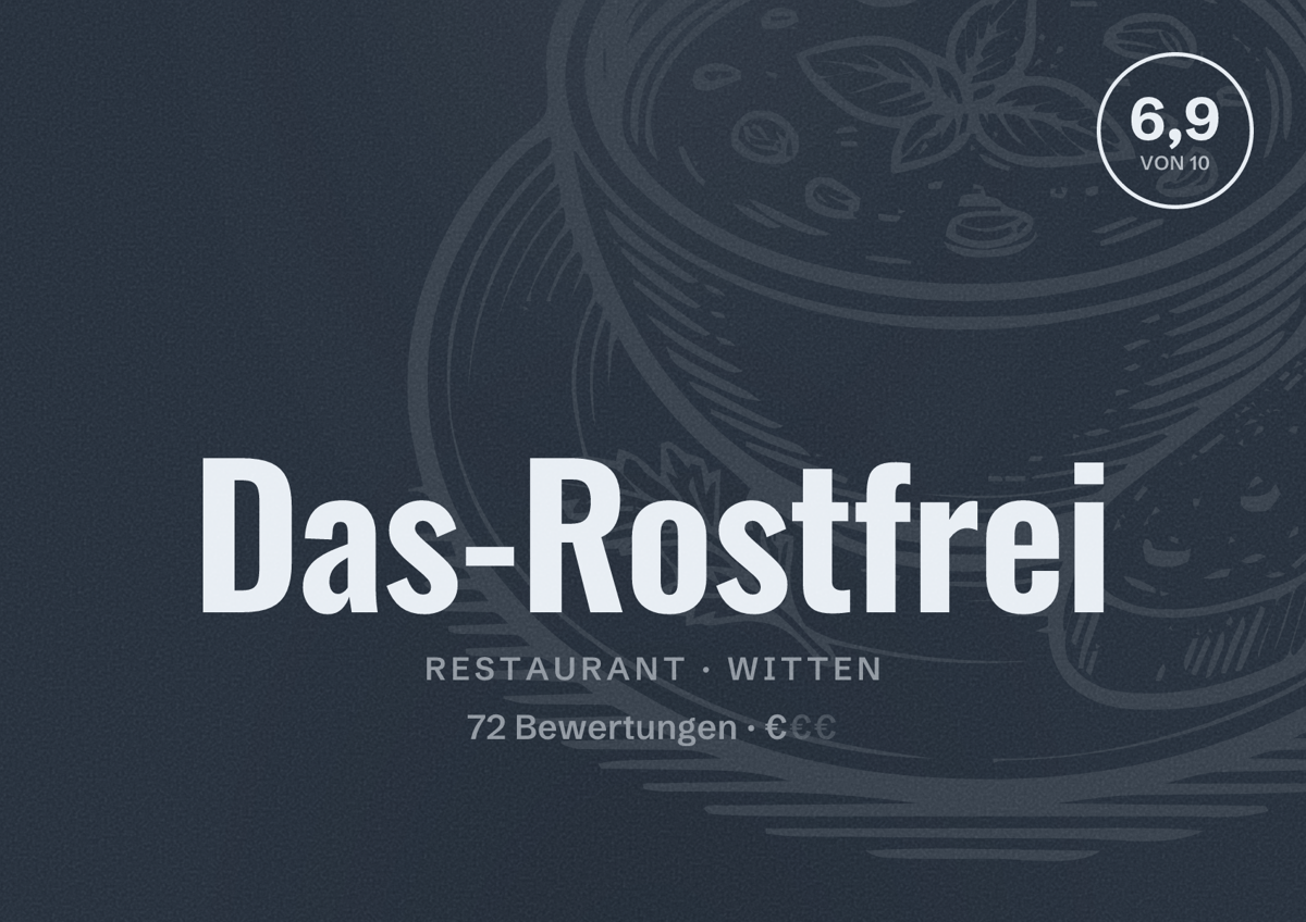 Illustriertes Poster von Das-Rostfrei, Restaurant in Witten: Bewertung 6,9 von 10 aus 72 Bewertungen, Preisniveau €