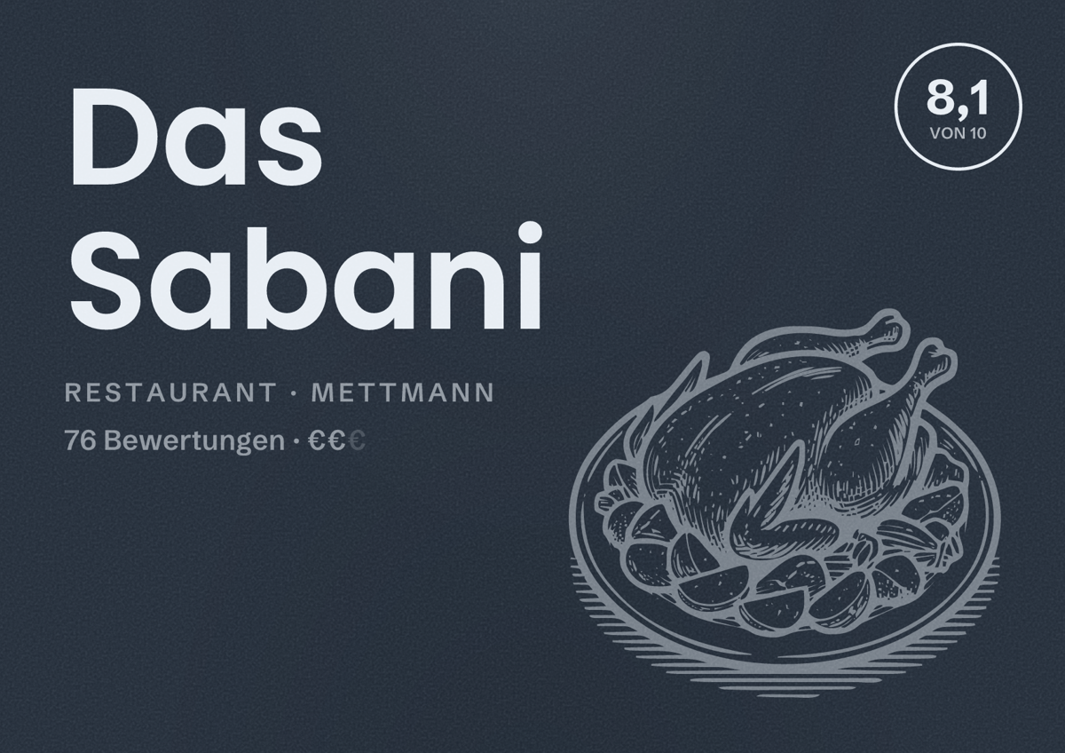 Illustriertes Poster von Das Sabani, Restaurant in Mettmann: Bewertung 8,1 von 10 aus 76 Bewertungen, Preisniveau €€