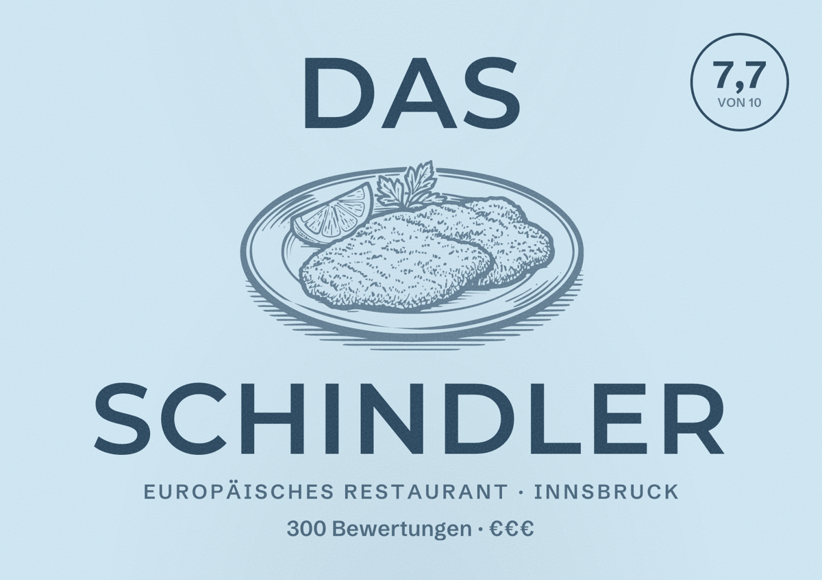 Illustriertes Poster von Das Schindler, Europäisches Restaurant in Innsbruck: Bewertung 7,7 von 10 aus 300 Bewertungen, Preisniveau €€€
