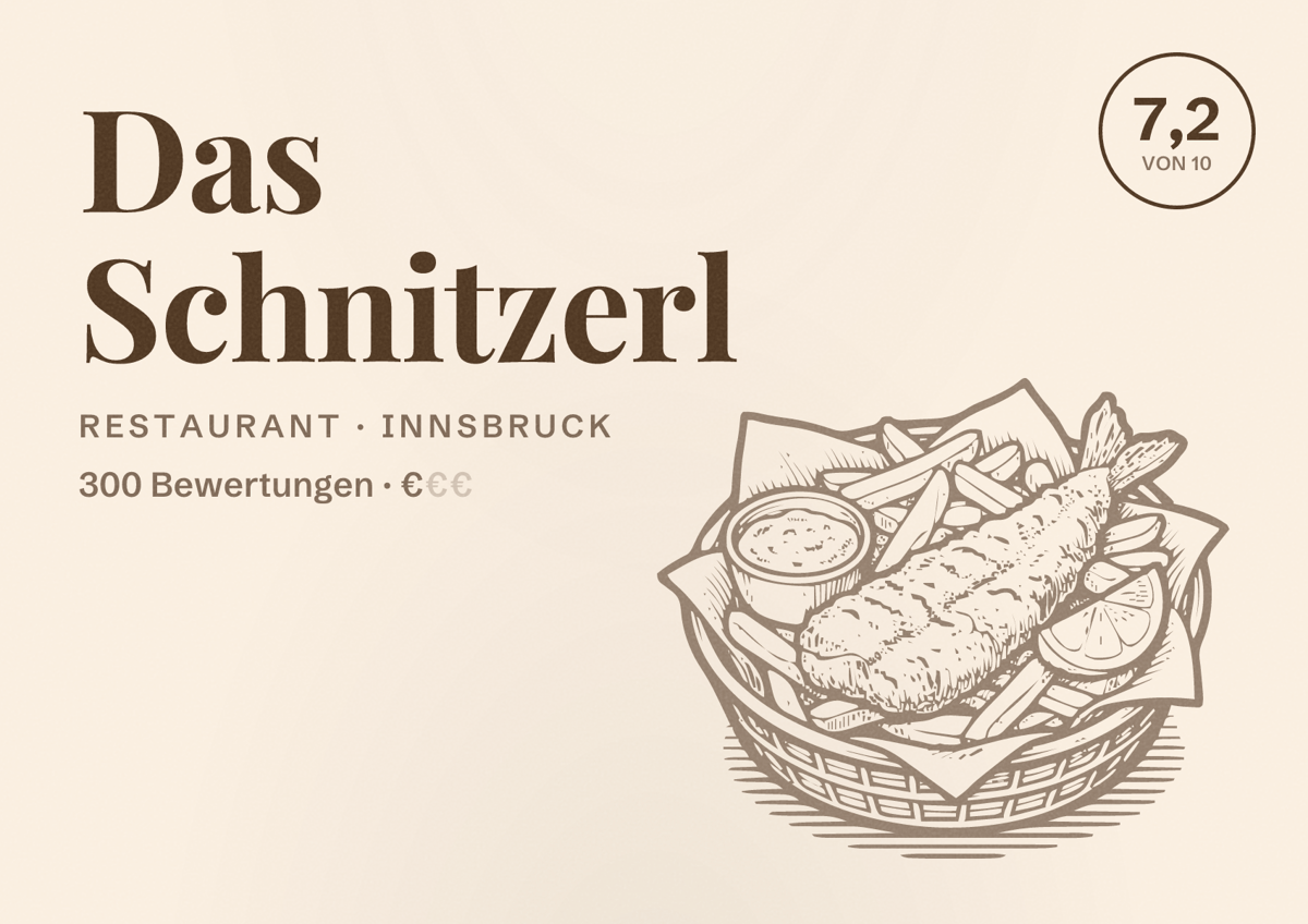 Illustriertes Poster von Das Schnitzerl, Restaurant in Innsbruck: Bewertung 7,2 von 10 aus 300 Bewertungen, Preisniveau €
