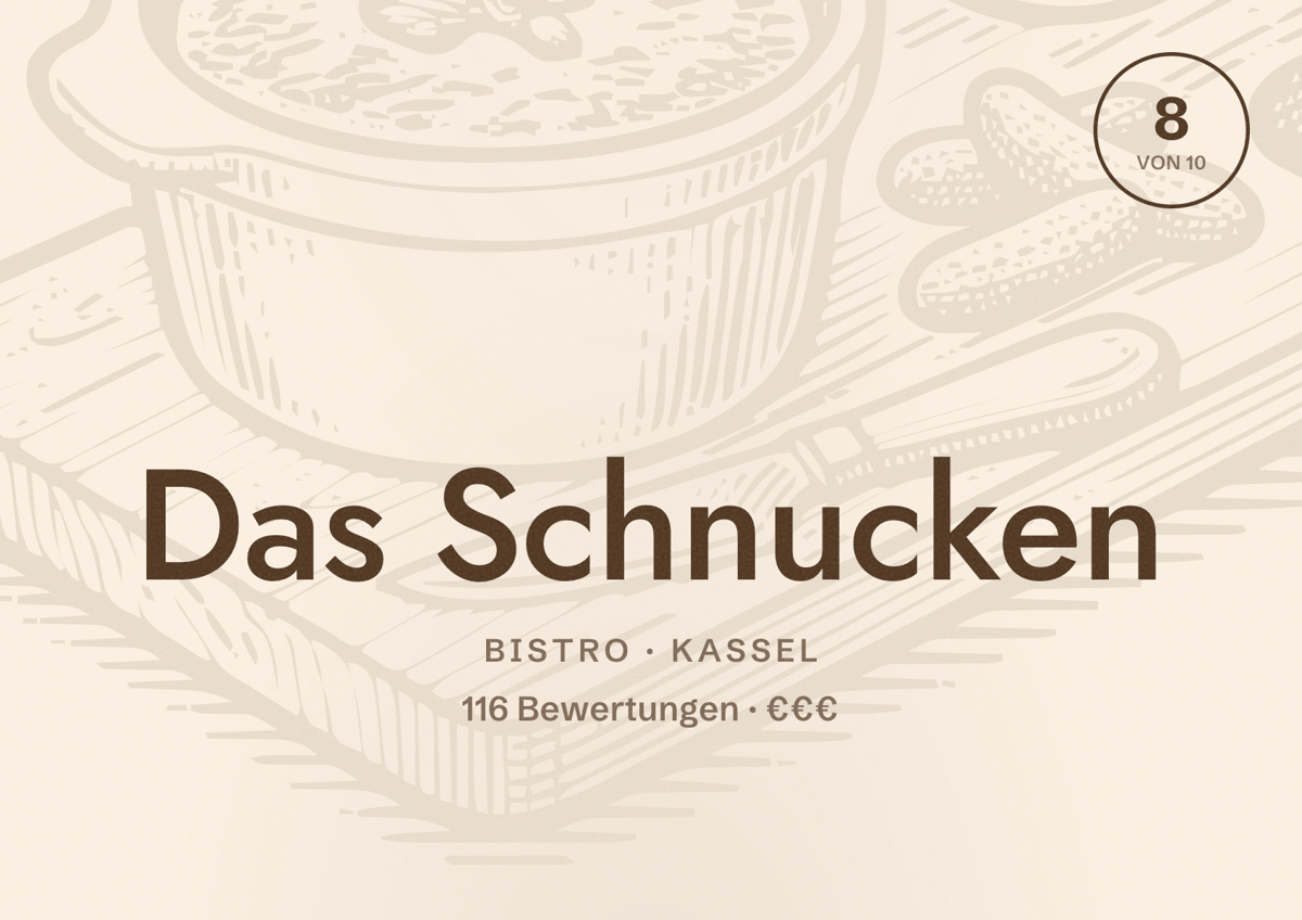 Illustriertes Poster von Das Schnucken, Bistro in Kassel: Bewertung 8 von 10 aus 116 Bewertungen, Preisniveau €€€