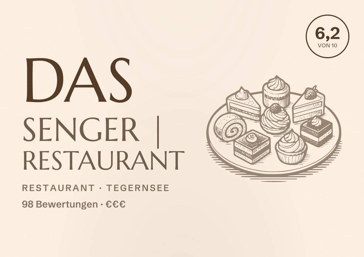 Illustriertes Poster von DAS SENGER | Restaurant, Restaurant in Tegernsee: Bewertung 6,2 von 10 aus 98 Bewertungen, Preisniveau €€€