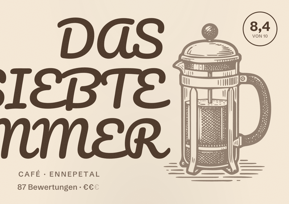 Illustriertes Poster von DAS SIEBTE ZIMMER, Café in Ennepetal: Bewertung 8,4 von 10 aus 87 Bewertungen, Preisniveau €€