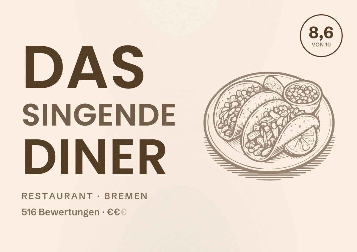 Illustriertes Poster von Das Singende Diner, Restaurant in Bremen: Bewertung 8,6 von 10 aus 516 Bewertungen, Preisniveau €€