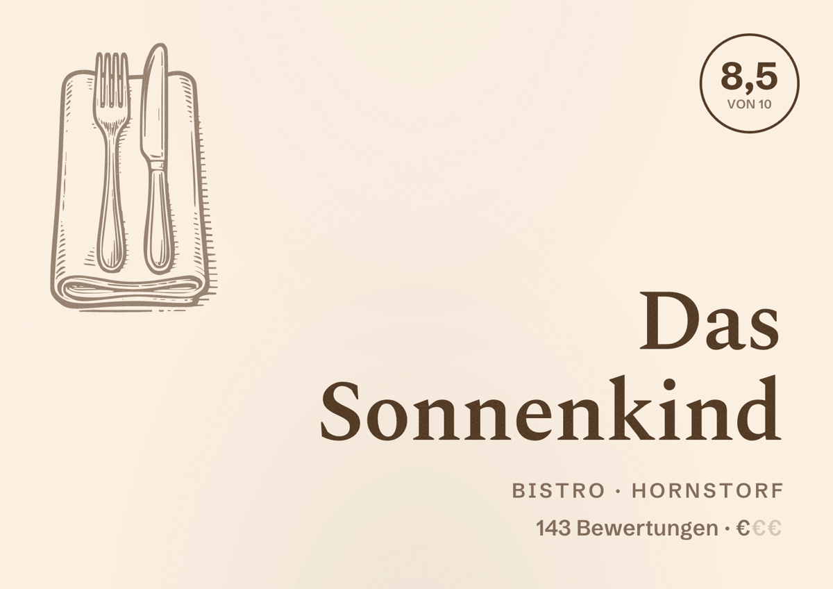 Illustriertes Poster von Das Sonnenkind, Bistro in Hornstorf: Bewertung 8,5 von 10 aus 143 Bewertungen, Preisniveau €