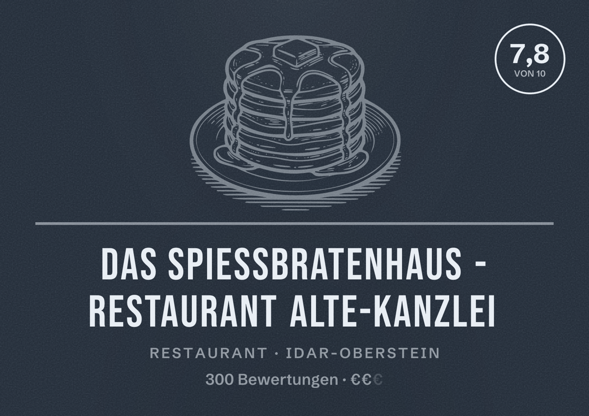 Illustriertes Poster von Das Spießbratenhaus - Restaurant Alte-Kanzlei, Restaurant in Idar-Oberstein: Bewertung 7,8 von 10 aus 300 Bewertungen, Preisniveau €€