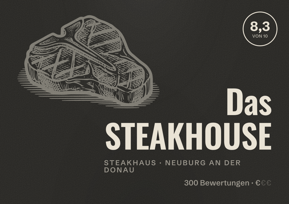 Illustriertes Poster von Das STEAKHOUSE, Steakhaus in Neuburg an der Donau: Bewertung 8,3 von 10 aus 300 Bewertungen, Preisniveau €