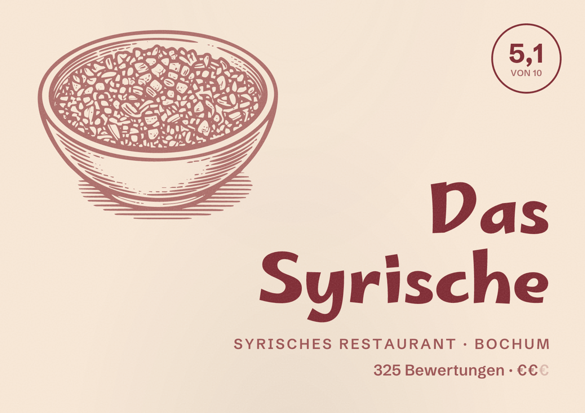 Illustriertes Poster von Das Syrische, Syrisches Restaurant in Bochum: Bewertung 5,1 von 10 aus 325 Bewertungen, Preisniveau €€