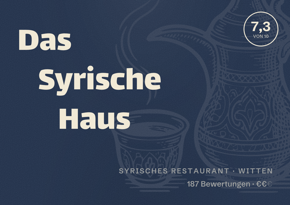 Illustriertes Poster von Das Syrische Haus, Syrisches Restaurant in Witten: Bewertung 7,3 von 10 aus 187 Bewertungen, Preisniveau €€