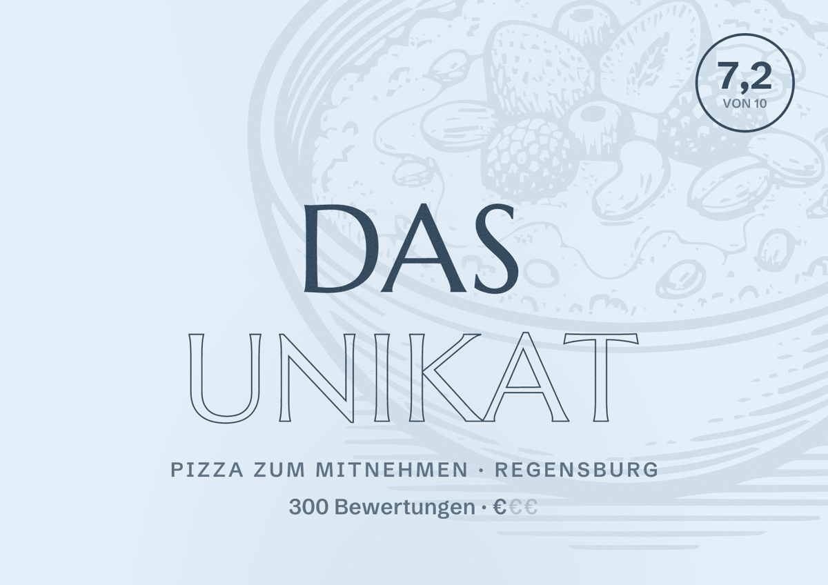 Illustriertes Poster von DAS UNIKAT, Pizza zum Mitnehmen in Regensburg: Bewertung 7,2 von 10 aus 300 Bewertungen, Preisniveau €